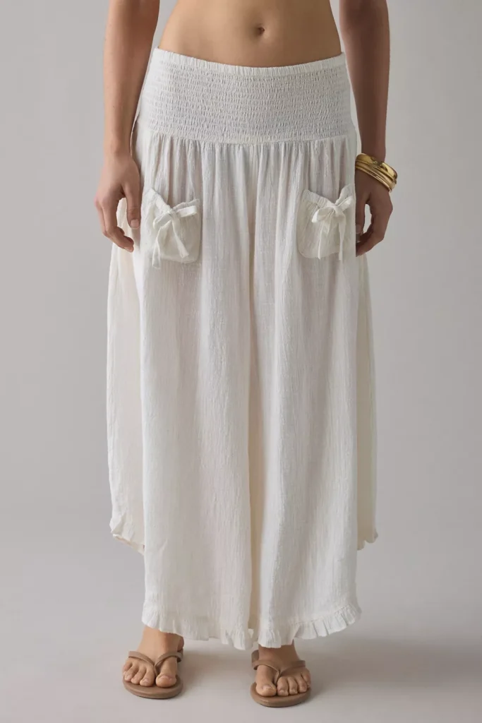 White smocked waist wide-leg crop pants with pockets